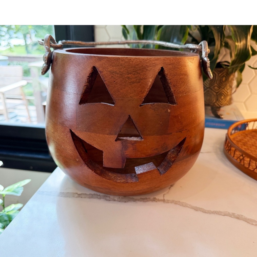 Hand Carved Wooden Jack-O-Lantern Pumpkin with Metal Leaf Handle Fall Decor